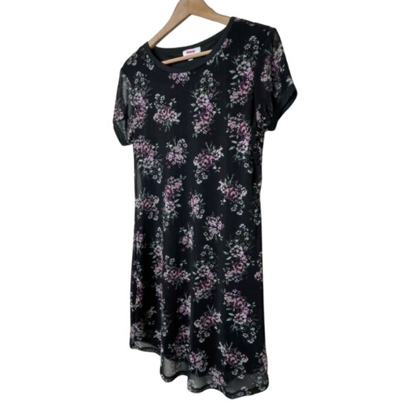 BONGO | Black Floral Mini Shirt Dress Short Sleeve Purple Flowers | Size L - Picture 3 of 9